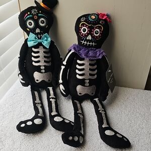 New Spooky Village Halloween Plush Skeleton Boy Girl Set Toy Colorful Accents